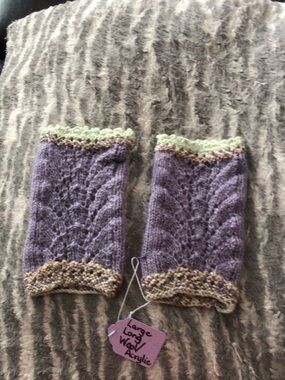 Handknit Lavender Lace Wrist Warmers with Multicolor Trim